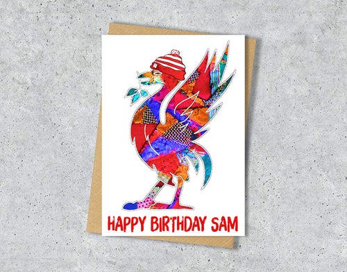 Birthday card with Liverpool Liver Bird with bobble hat illustration with personalised text.