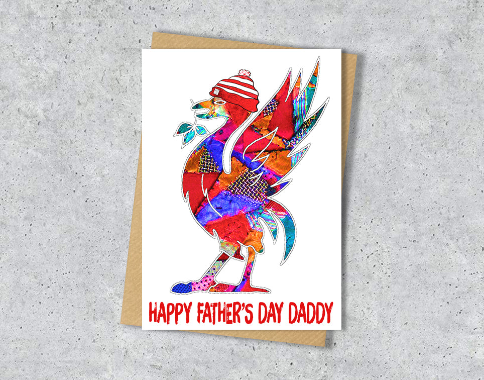 Father's day card with Liverpool Liver Bird with bobble hat illustration with personalised text.