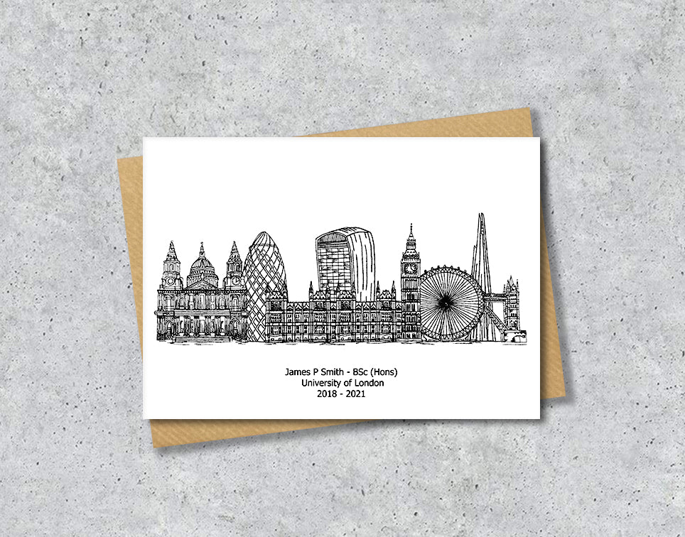 London Graduation Card, Personalised A6 Black and White Housewarming Card