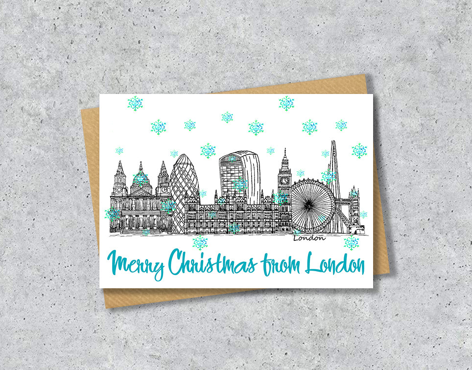 London Skyline Christmas Card, A5 Personalised Xmas Family Card