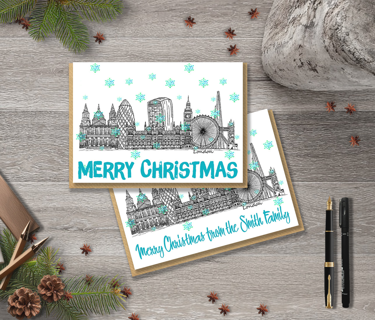 London Skyline Christmas Card, A5 Personalised Xmas Family Card