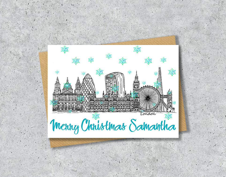 London Skyline Christmas Card, A5 Personalised Xmas Family Card