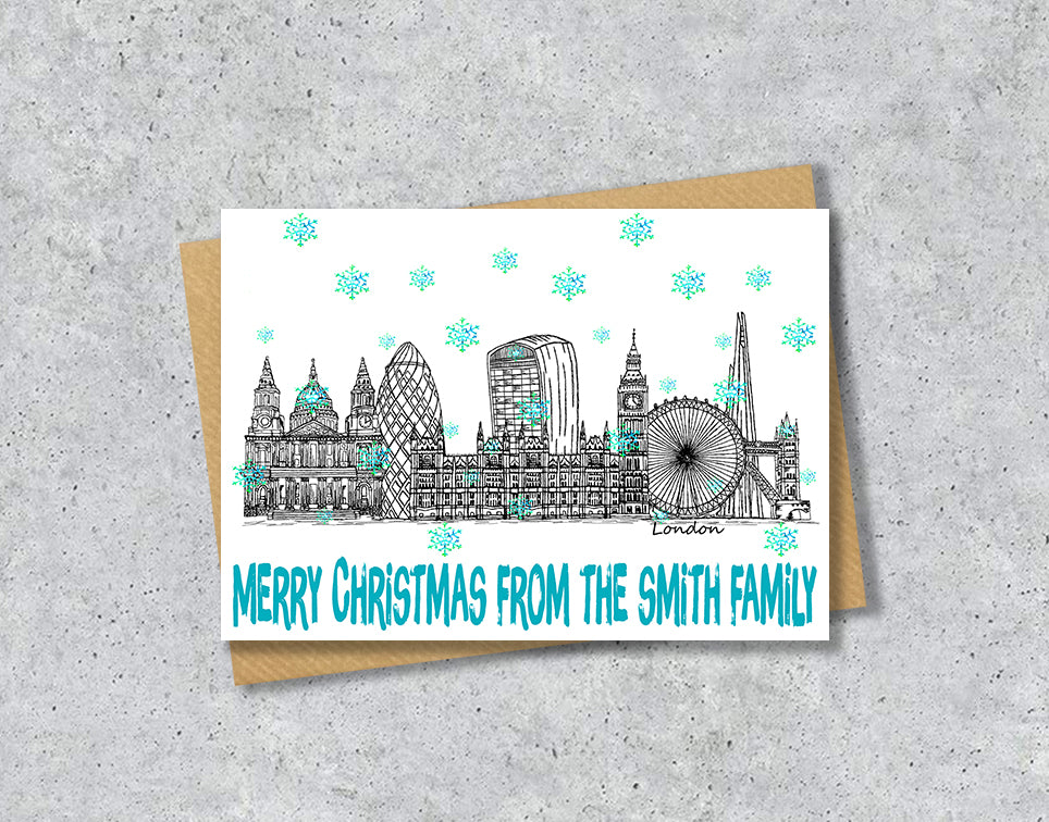 London Skyline Christmas Card, A5 Personalised Xmas Family Card