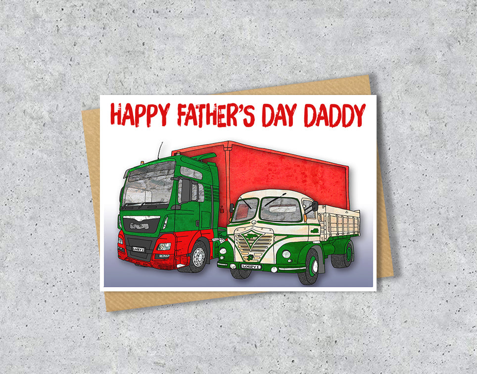 Father's Day card with two trucks with personalised text.