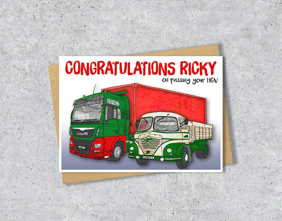 Greeting card with two trucks and 'Congratulations Ricky on passing your HGV'