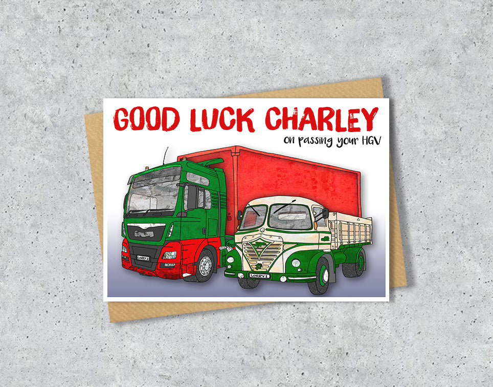 Greeting card with illustration of two trucks and 'Good Luck Charley' 