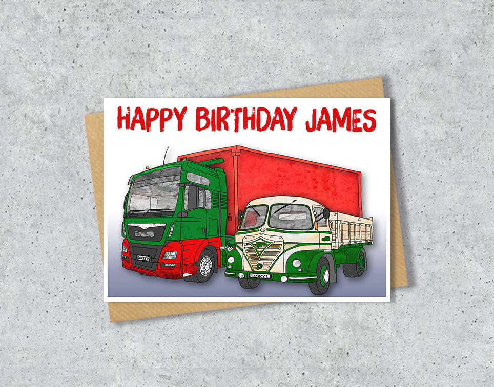 Birthday card with two trucks with personalised text.