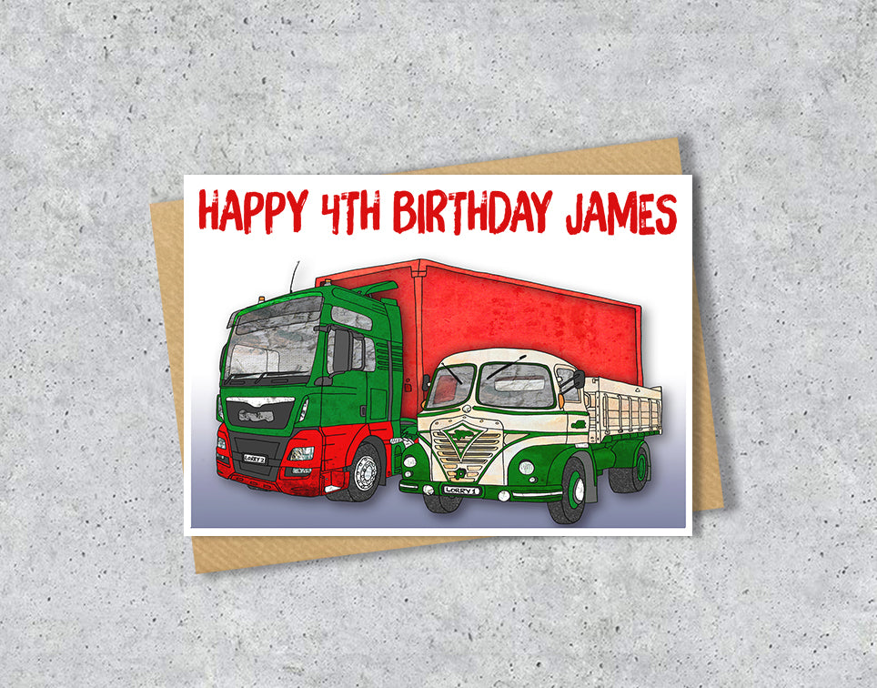 4th Birthday card with two trucks with personalised text.