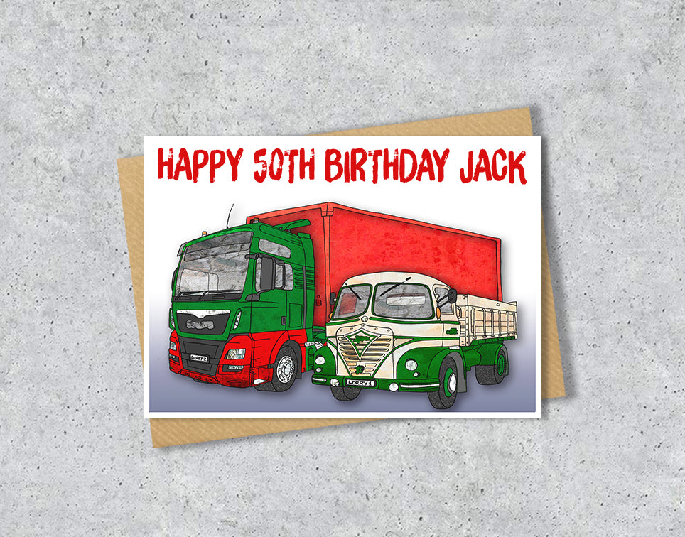 Birthday card with two trucks and 'Happy 50th Birthday Jack' 