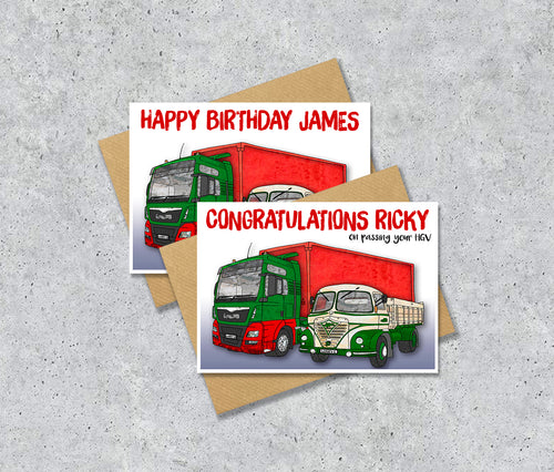 Two greeting cards with truck illustrations with personalised text.