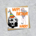 Birthday card with a Labrador wearing a party hat and balloons, with personalised text.