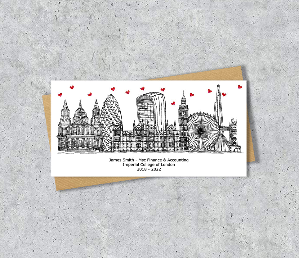 London Skyline Graduation or Housewarming Card, Personalised, London landmarks, Black White, Red Hearts