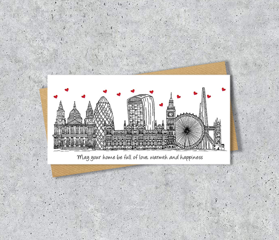 London Skyline Graduation or Housewarming Card, Personalised, London landmarks, Black White, Red Hearts