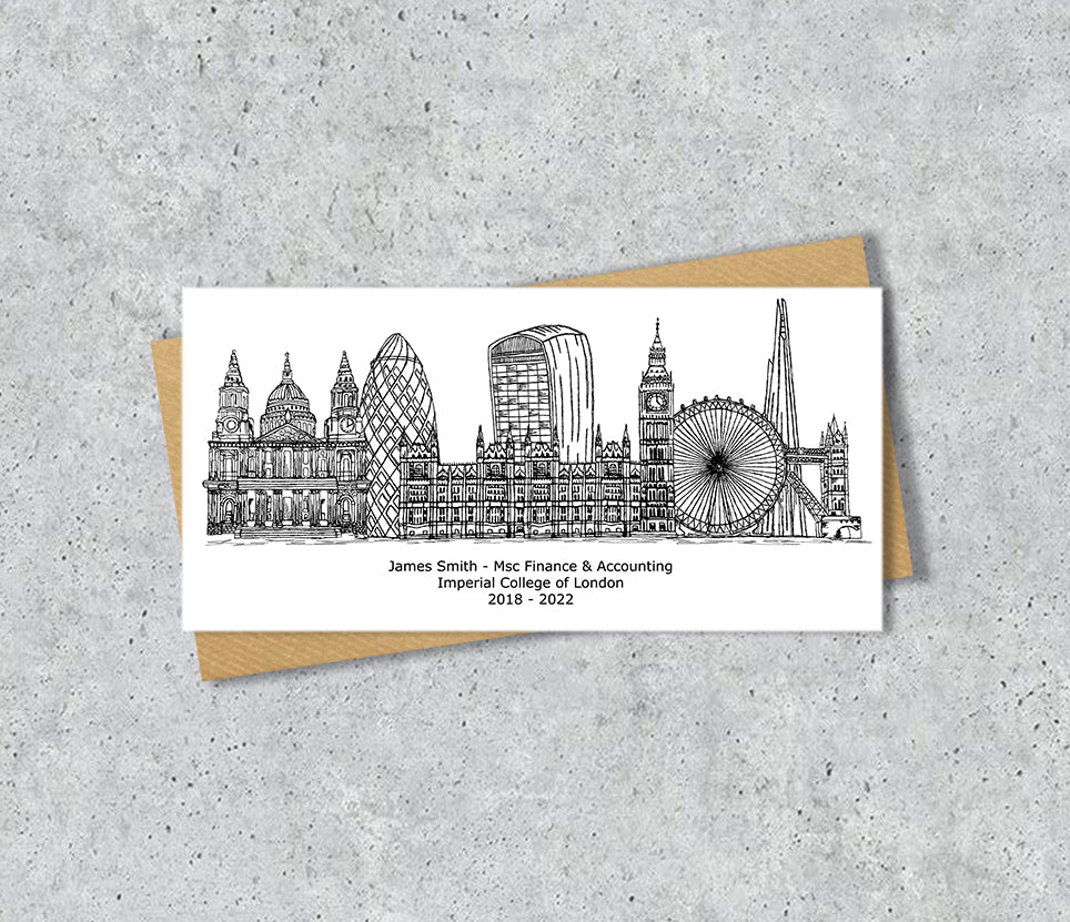 London Skyline Graduation or Housewarming Card, Personalised, London landmarks, Black White, Red Hearts