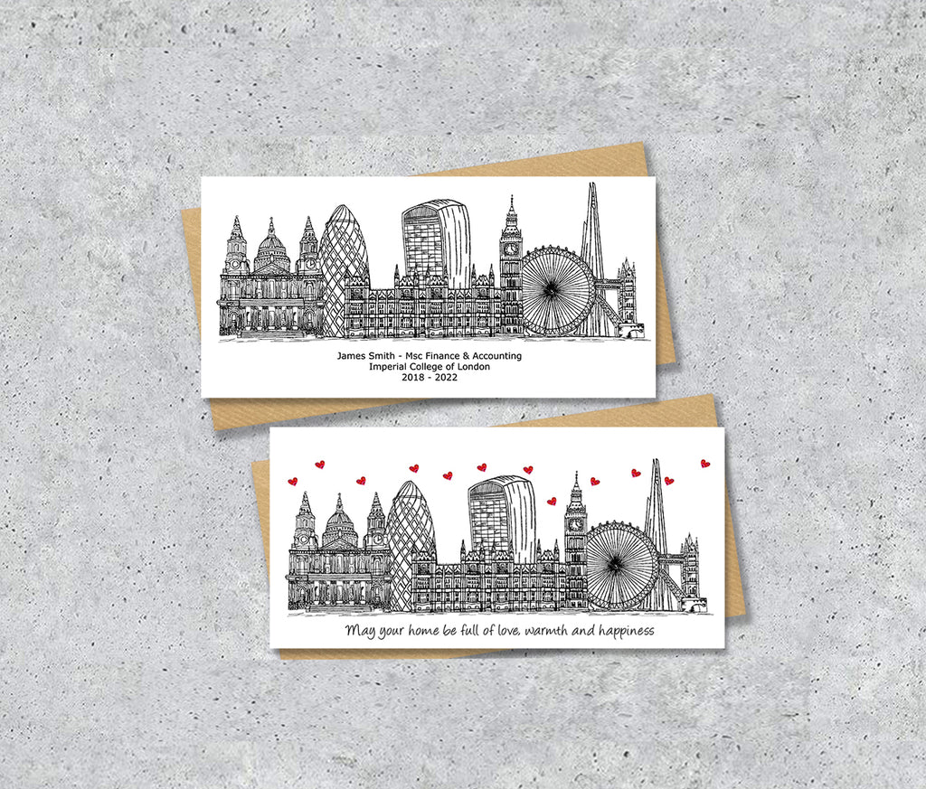 London Skyline Graduation or Housewarming Card, Personalised, London landmarks, Black White, Red Hearts