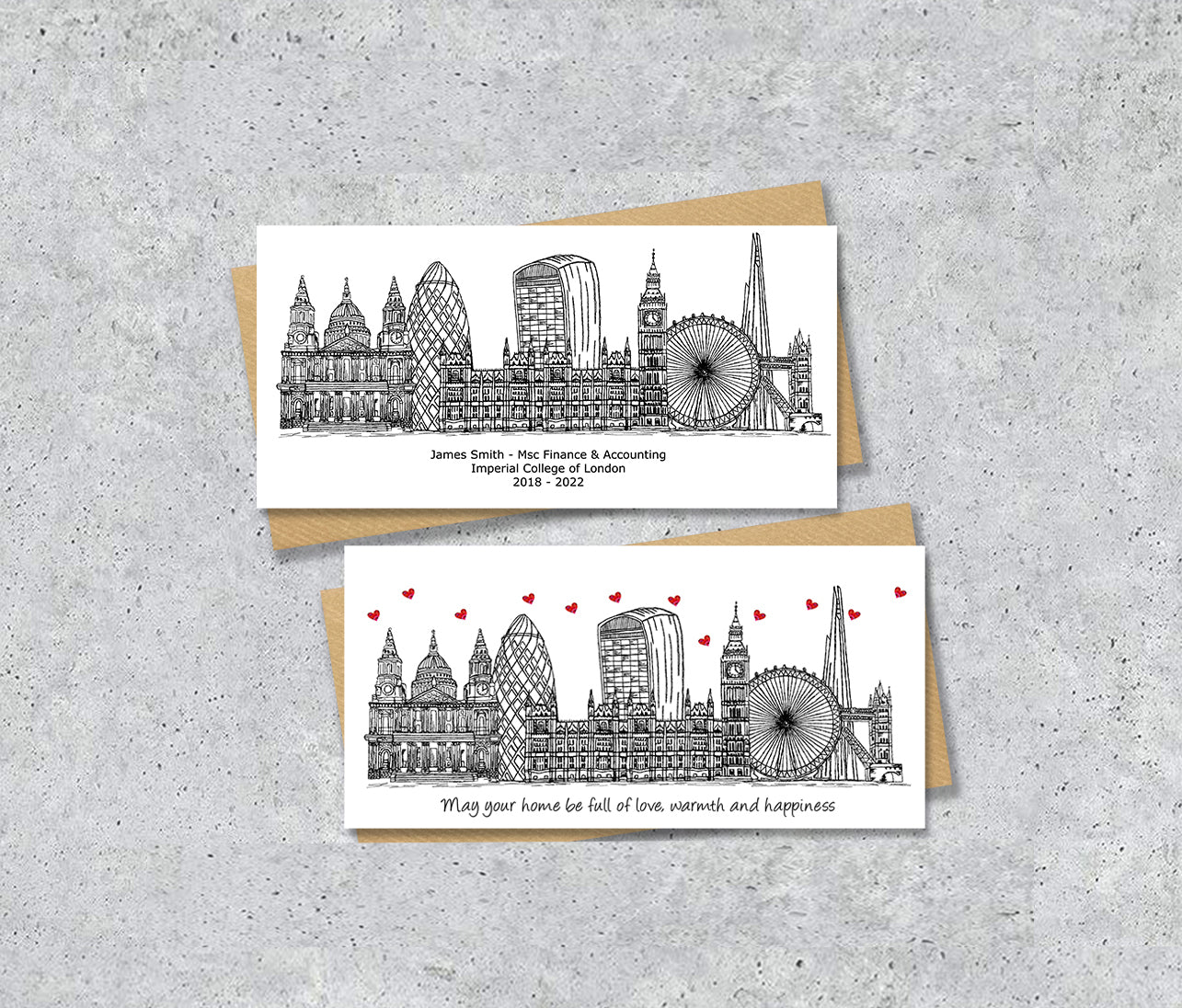 London Skyline Graduation or Housewarming Card, Personalised, London landmarks, Black White, Red Hearts