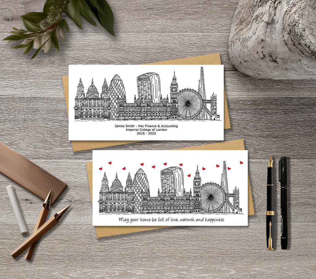 London Skyline Graduation or Housewarming Card, Personalised, London landmarks, Black White, Red Hearts