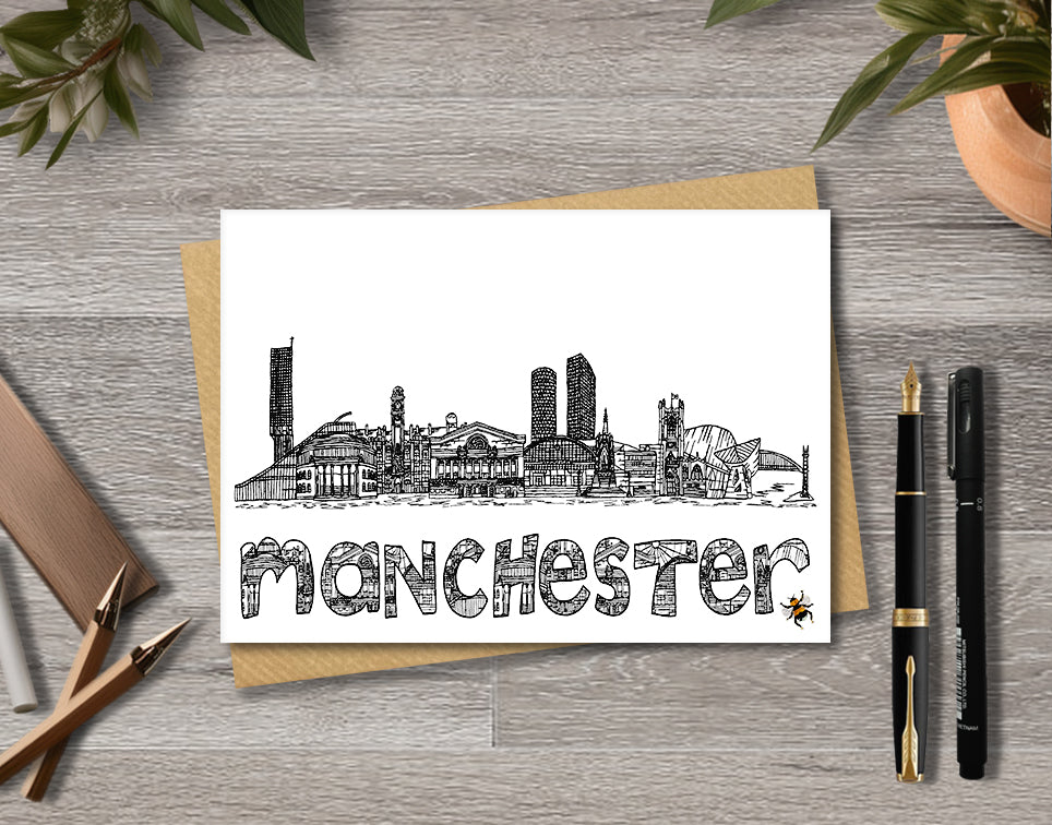 Manchester Skyline, Manchester Bee, Black and White A6 Card