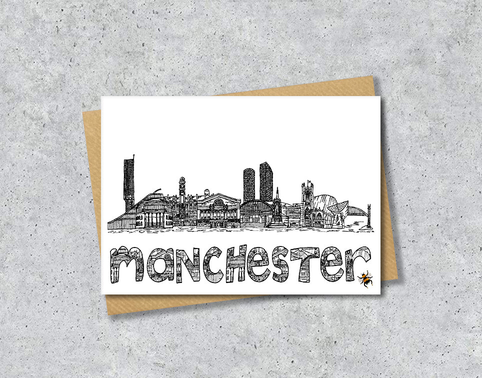 Manchester Skyline, Manchester Bee, Black and White A6 Card