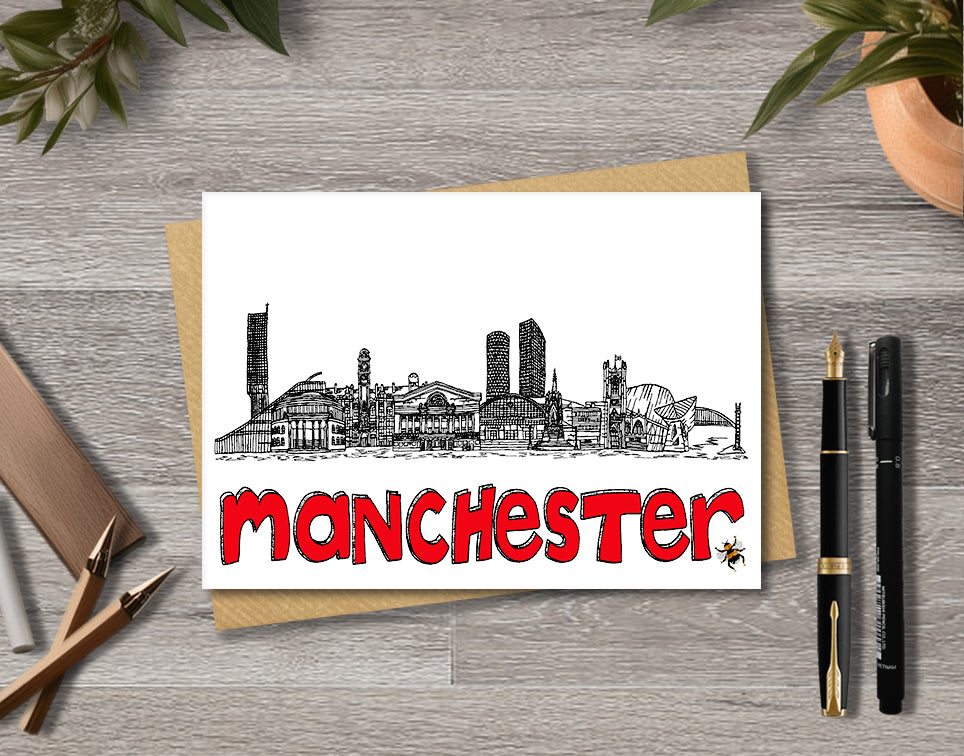 Manchester Skyline, Manchester Bee, Black, White and Red A6 Card