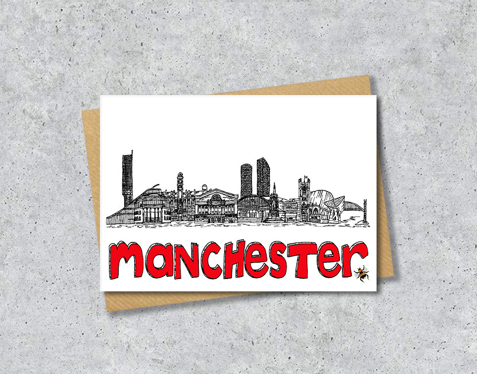 Manchester Skyline, Manchester Bee, Black, White and Red A6 Card
