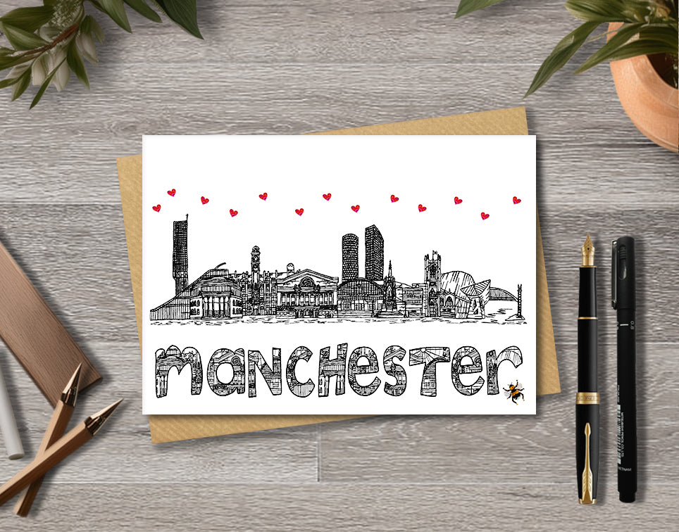 Manchester Skyline, Manchester Bee, Black and White A6 Card