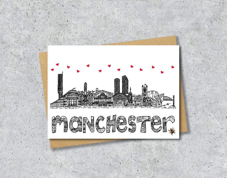 Manchester Skyline, Manchester Bee, Black and White A6 Card