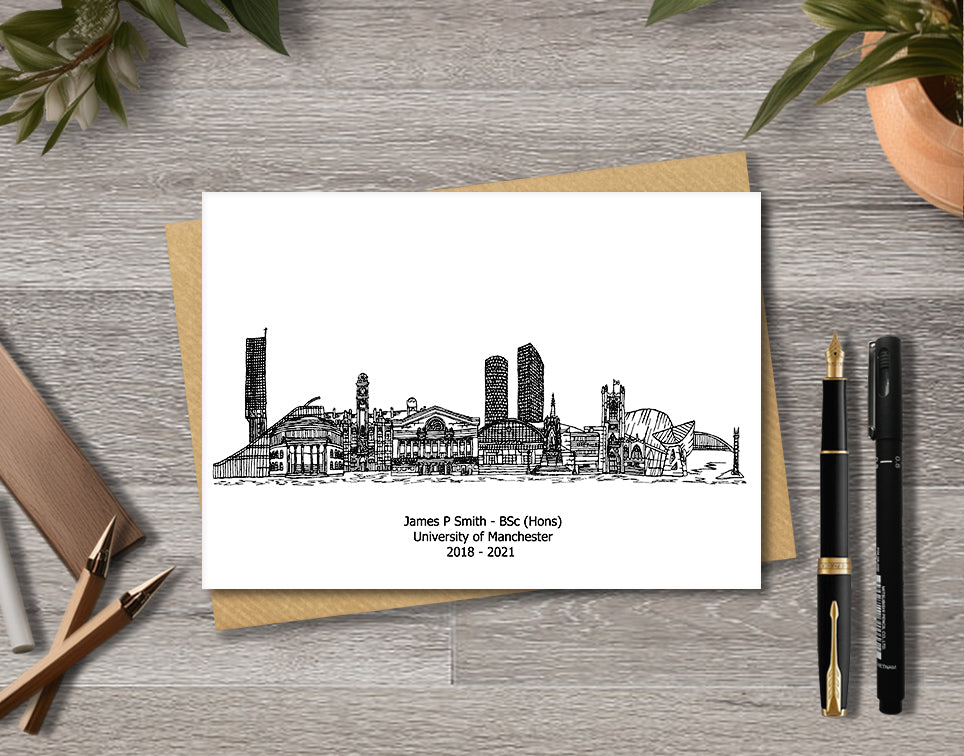 Manchester Graduation Card, Personalised A6 Black and White Housewarming Card
