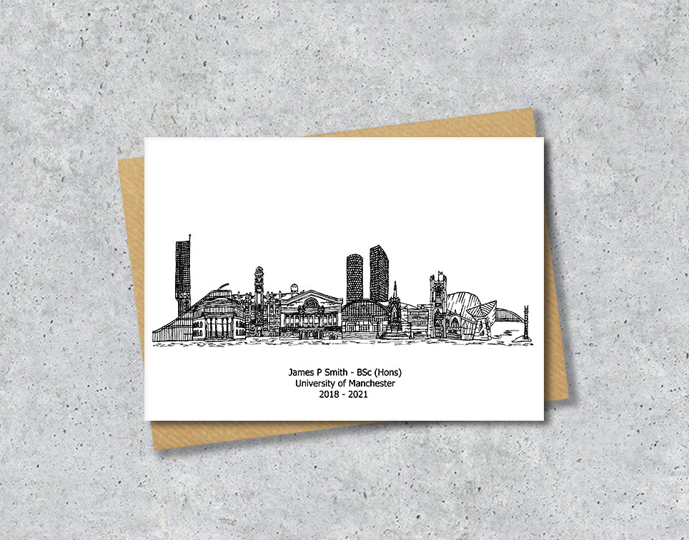 Manchester Graduation Card, Personalised A6 Black and White Housewarming Card