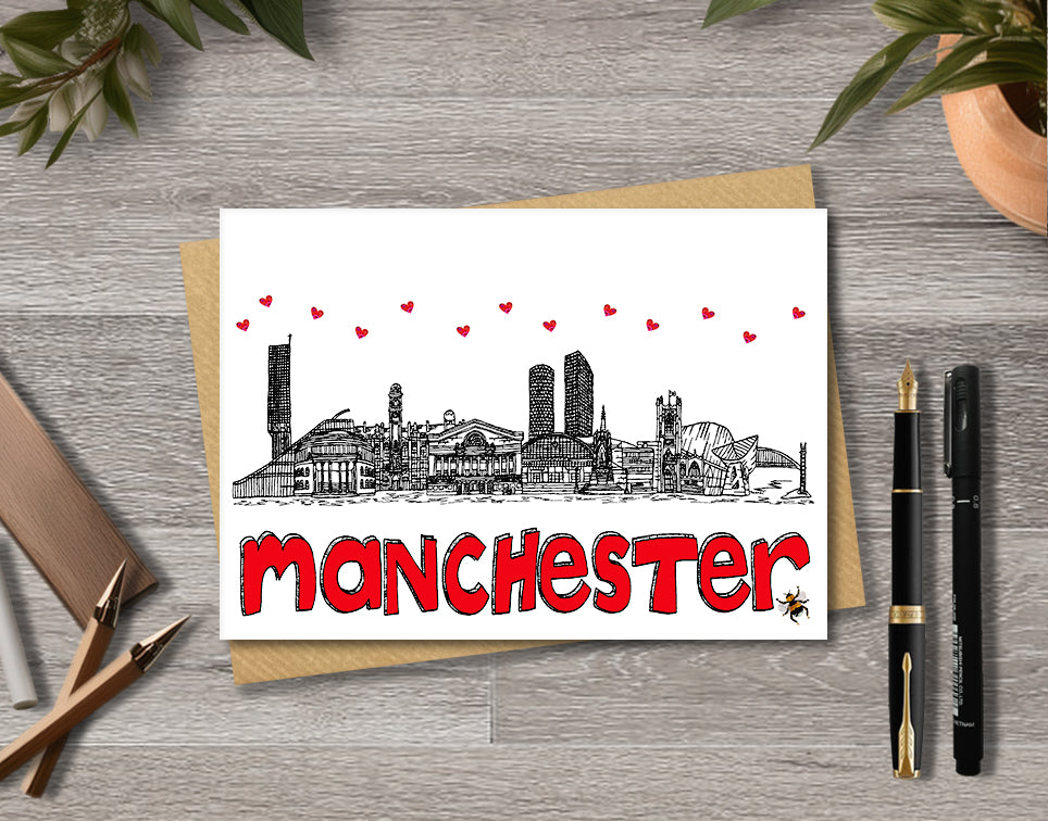 Manchester Skyline, Manchester Bee, Black, White and Red A6 Card