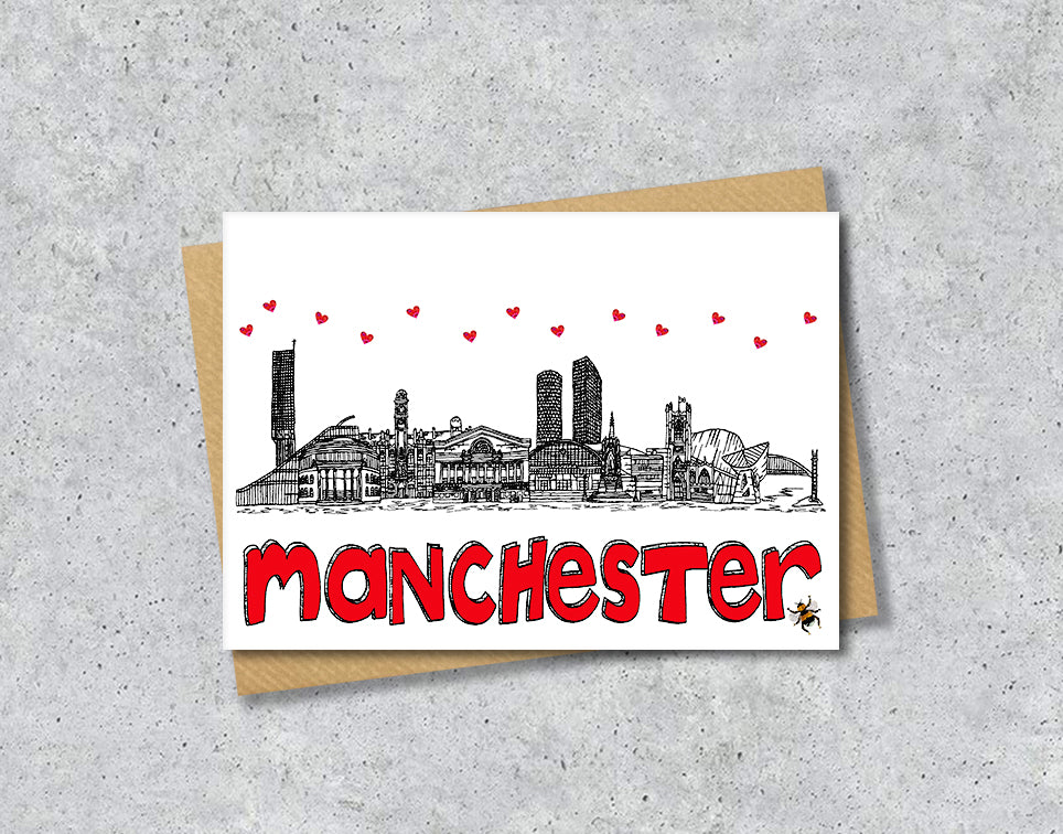 Manchester Skyline, Manchester Bee, Black, White and Red A6 Card