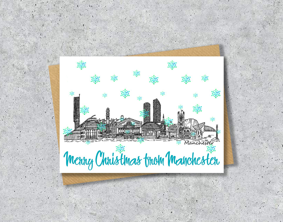 Manchester Skyline Christmas Card, A5 Personalised Xmas Family Card