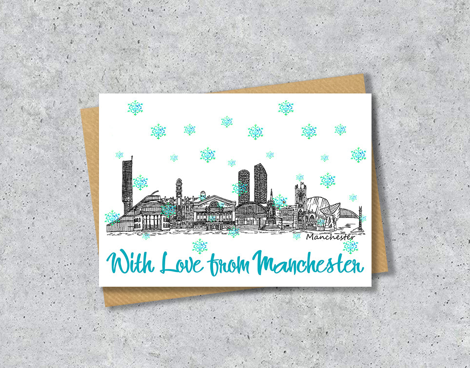 Manchester Skyline Christmas Card, A5 Personalised Xmas Family Card