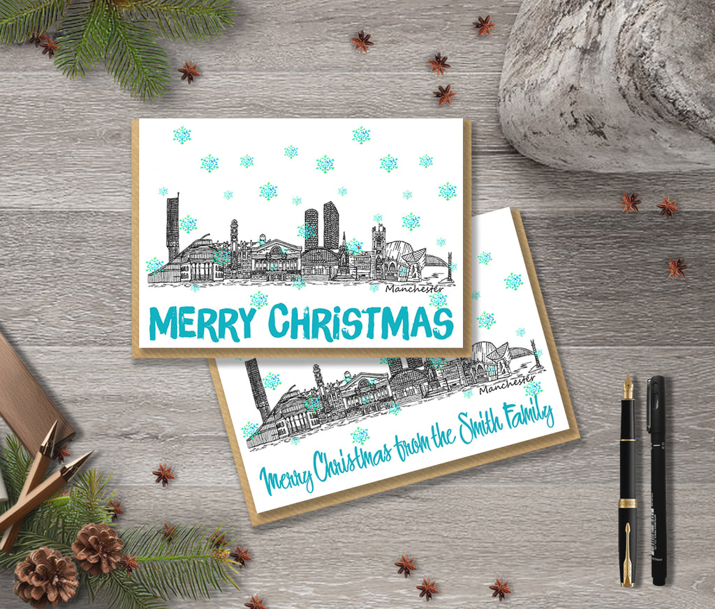 Manchester Skyline Christmas Card, A5 Personalised Xmas Family Card