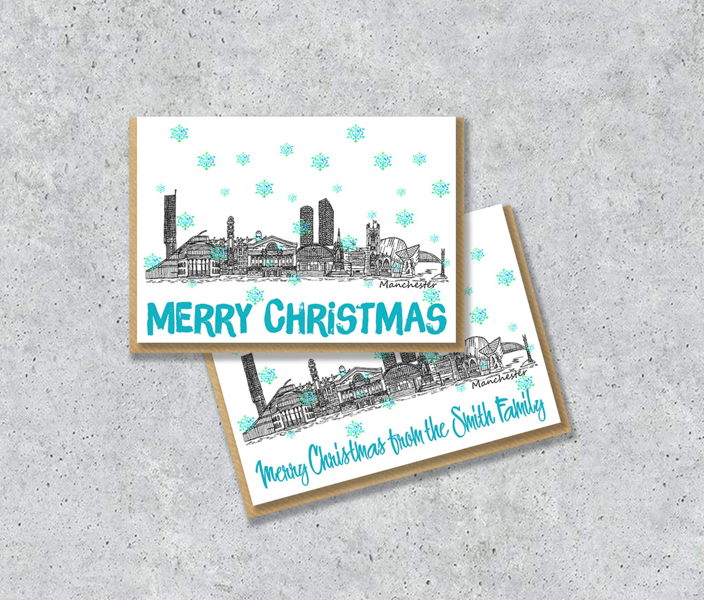 Manchester Skyline Christmas Card, A5 Personalised Xmas Family Card
