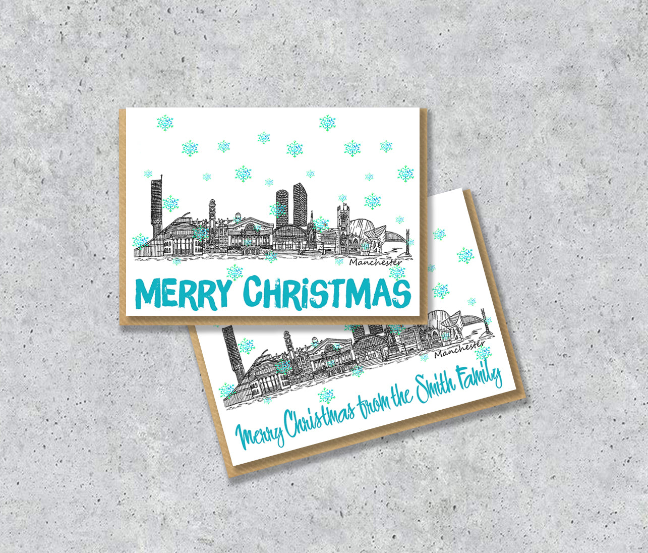 Manchester Skyline Christmas Card, A5 Personalised Xmas Family Card