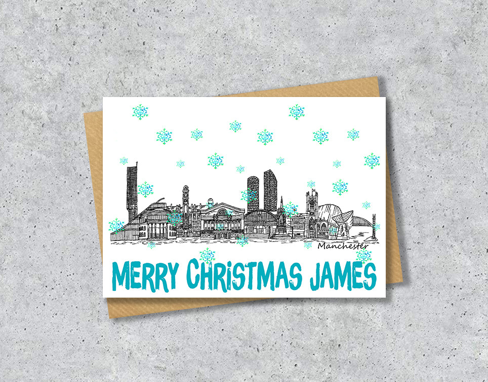 Manchester Skyline Christmas Card, A5 Personalised Xmas Family Card
