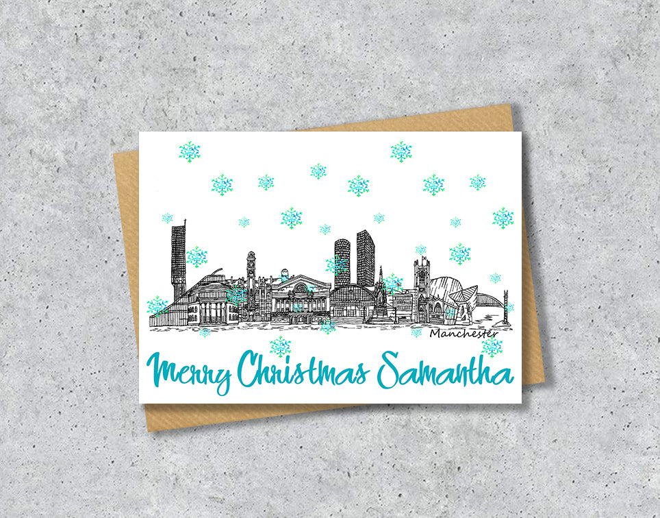 Manchester Skyline Christmas Card, A5 Personalised Xmas Family Card