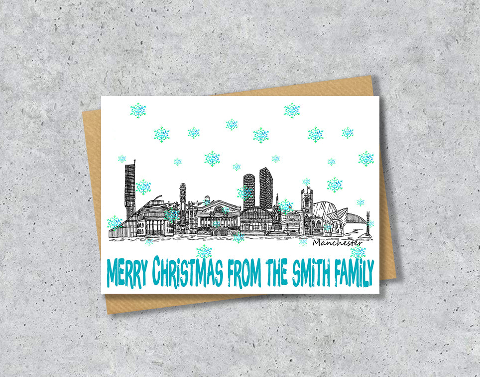 Manchester Skyline Christmas Card, A5 Personalised Xmas Family Card