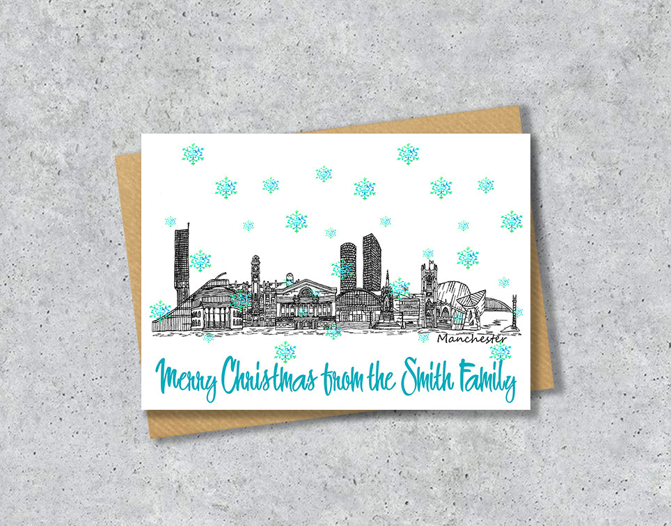 Manchester Skyline Christmas Card, A5 Personalised Xmas Family Card