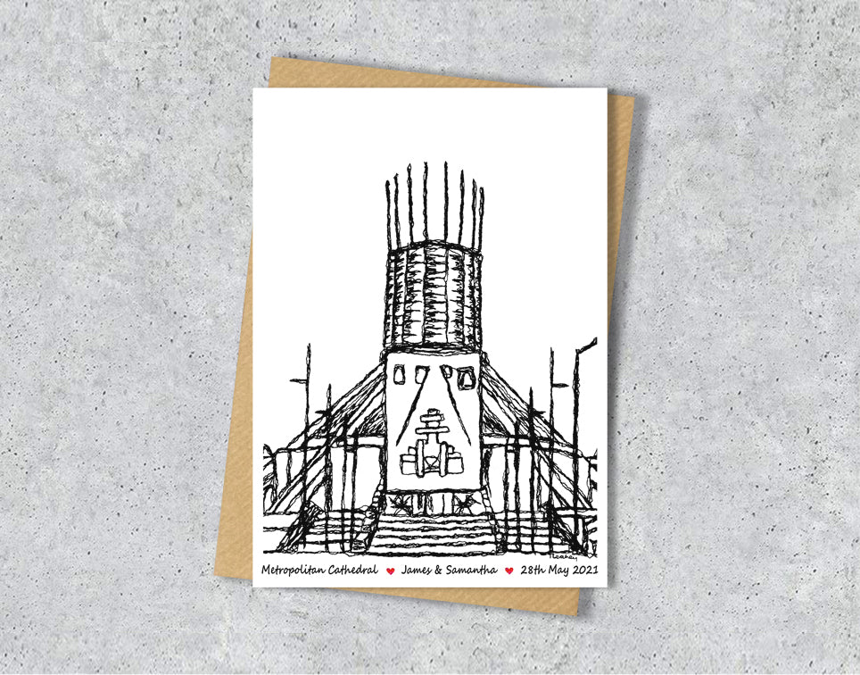 Wedding / Anniversary card with a black and white textile illustration of Metropolitan Cathedral Liverpool with personalised text.