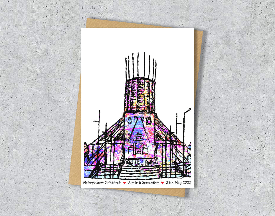 Wedding / Anniversary card with a textile illustration of Metropolitan Cathedral Liverpool with personalised text.