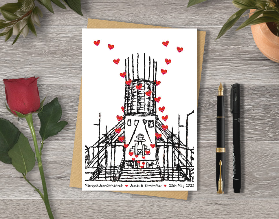 Wedding / Anniversary card with a black and white textile illustration of Metropolitan Cathedral Liverpool and red hearts with personalised text.