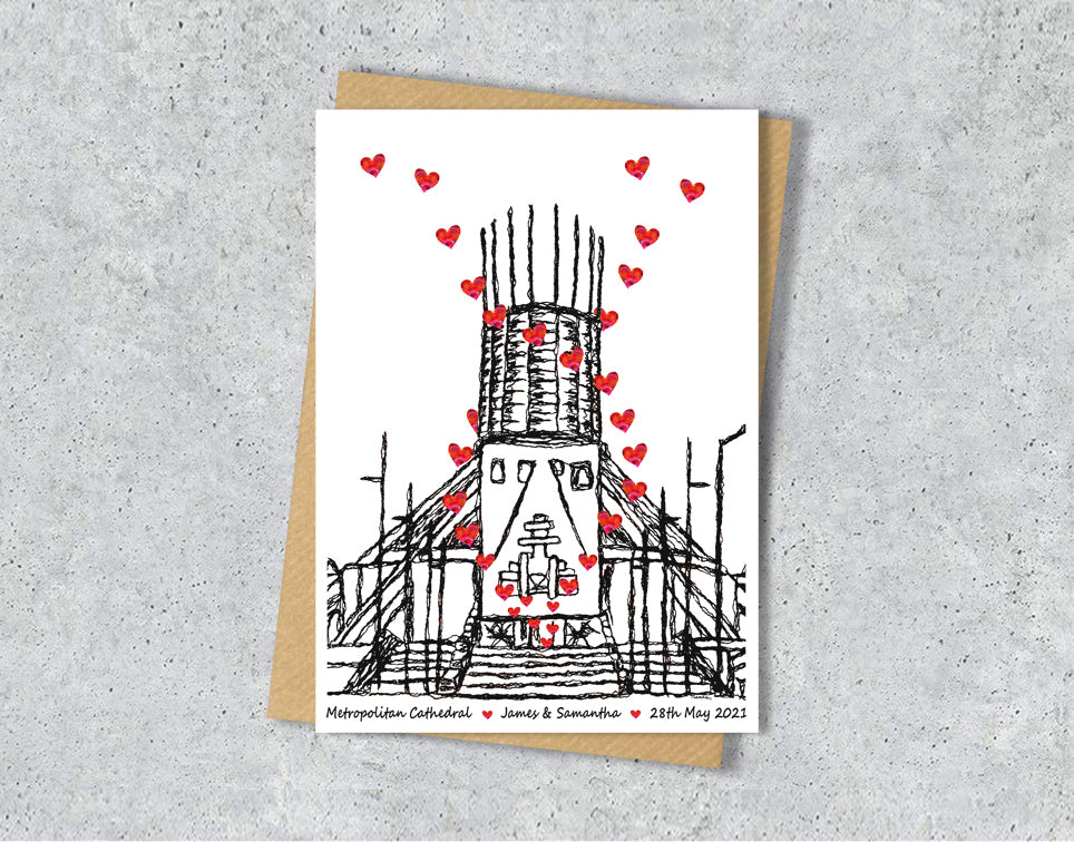 Wedding / Anniversary card with a black and white textile illustration of Metropolitan Cathedral Liverpool and red hearts with personalised text.