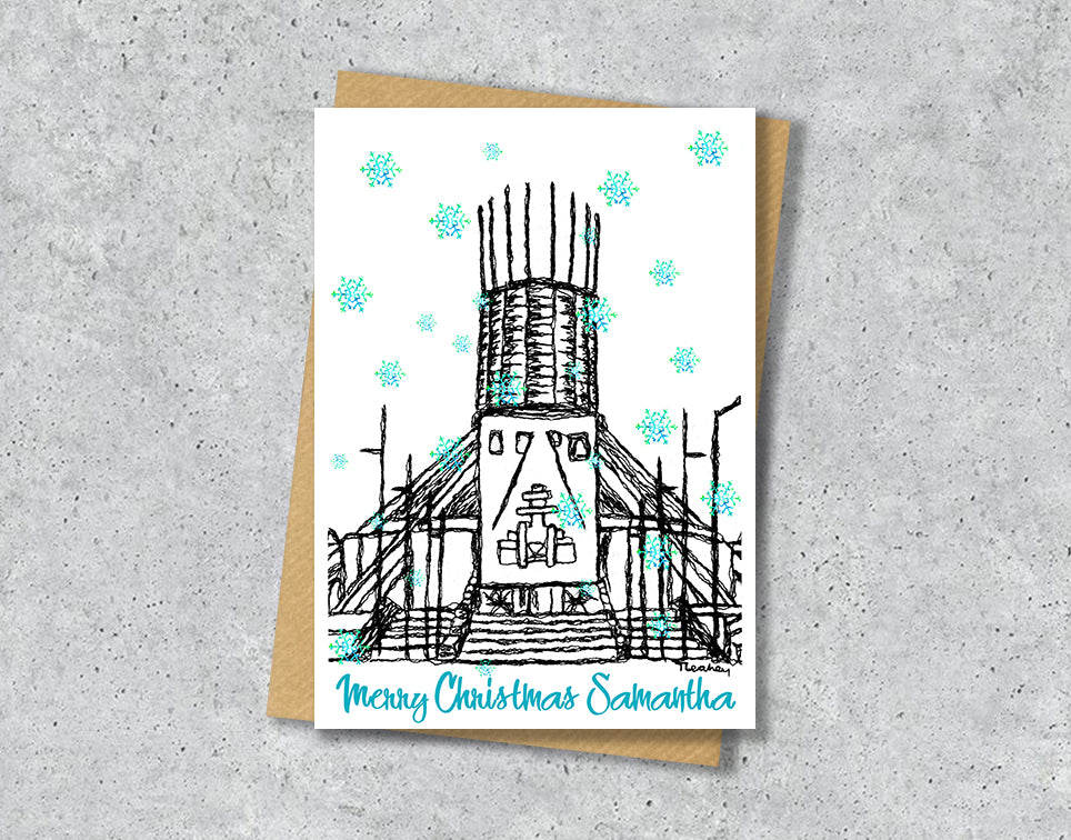Personalised Liverpool Metropolitan Cathedral Christmas A5 Card, Paddy's Wigwam