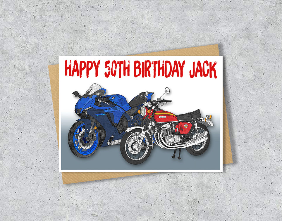 Birthday card with two motorcycles and 'Happy 50th Birthday Jack' 