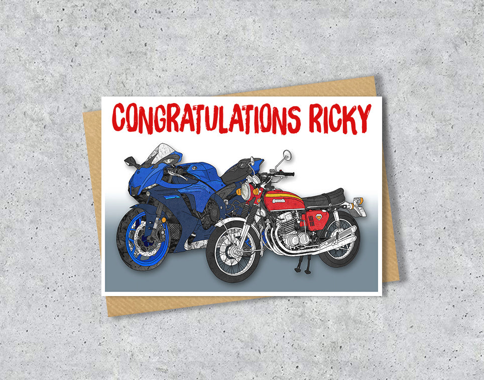 Greeting card with two motorcycles and 'Congratulations Ricky' 