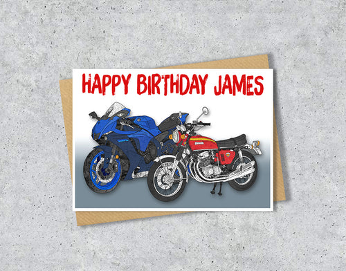 Birthday card with two motorcycles and 'Happy Birthday James' 