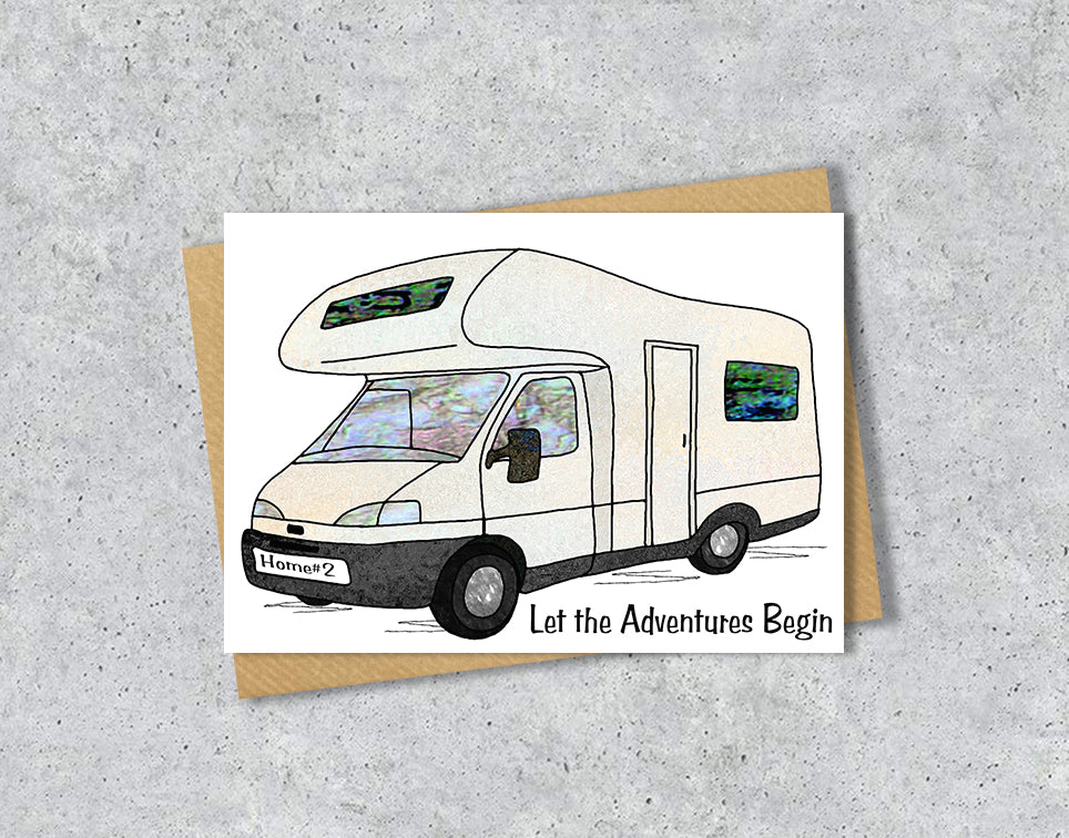 Card with an illustration of a motorhome and text 'Let the Adventures Begin' 