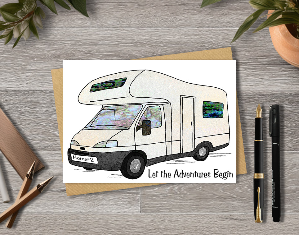 Card with a motorhome illustration with personalised text.
